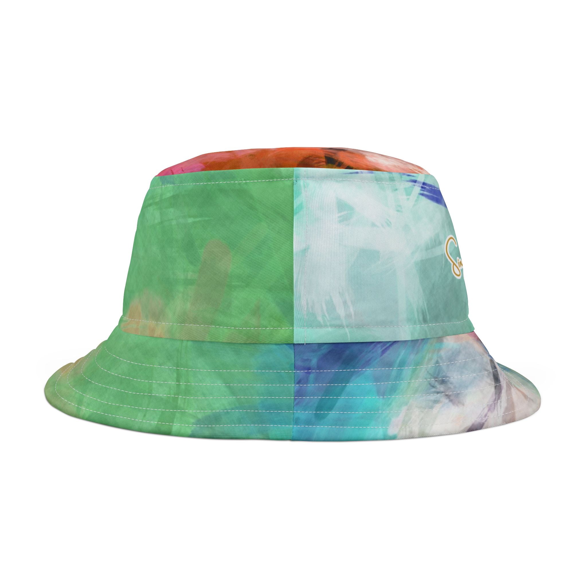 Back view of a colorful tie-dye bucket hat on a white background