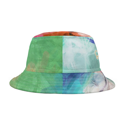 Back view of a colorful tie-dye bucket hat on a white background