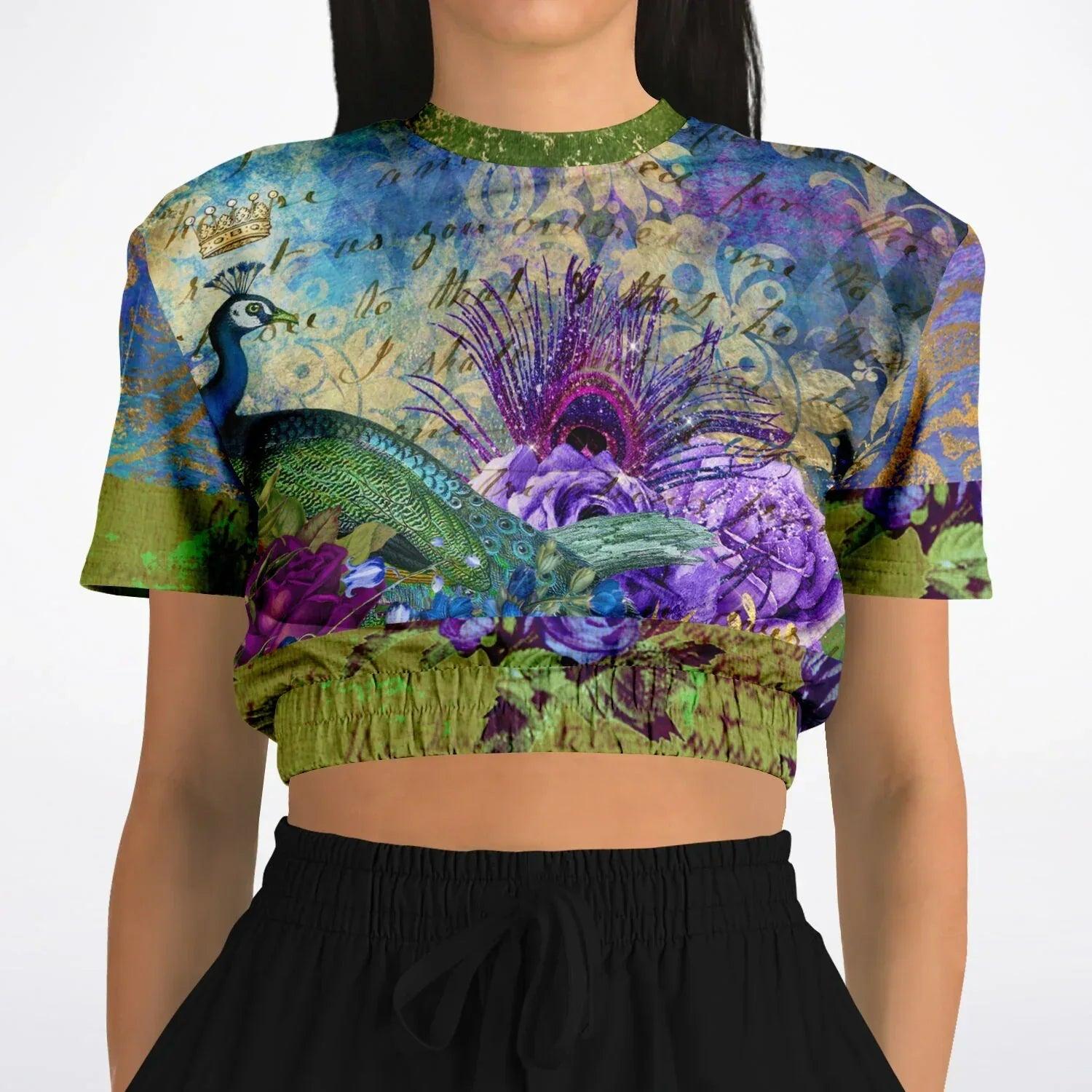 Purple Fusion Peacock in Bloom Eco-Poly Short Sleeve Cropped Pullover