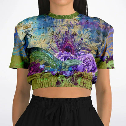 Purple Fusion Peacock in Bloom Eco-Poly Short Sleeve Cropped Pullover