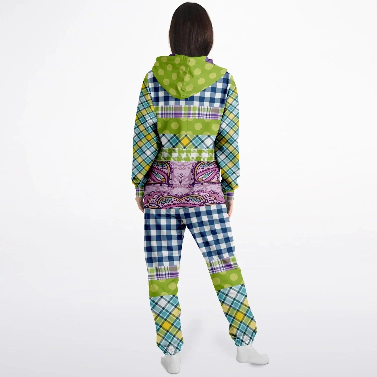 Kaleido-Scape Purple Plaid Patchwork Unisex Fleece Romper