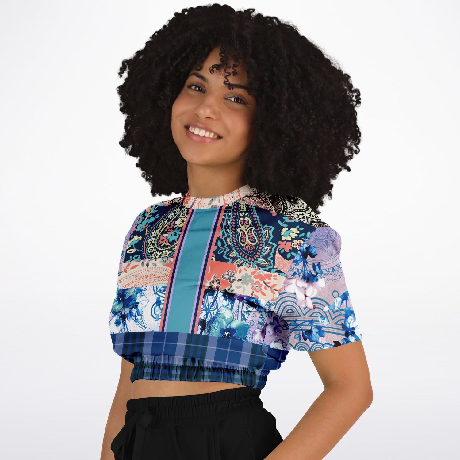 Dolores Park Paisley Plaid Eco-Poly Short Sleeve Cropped Pullover