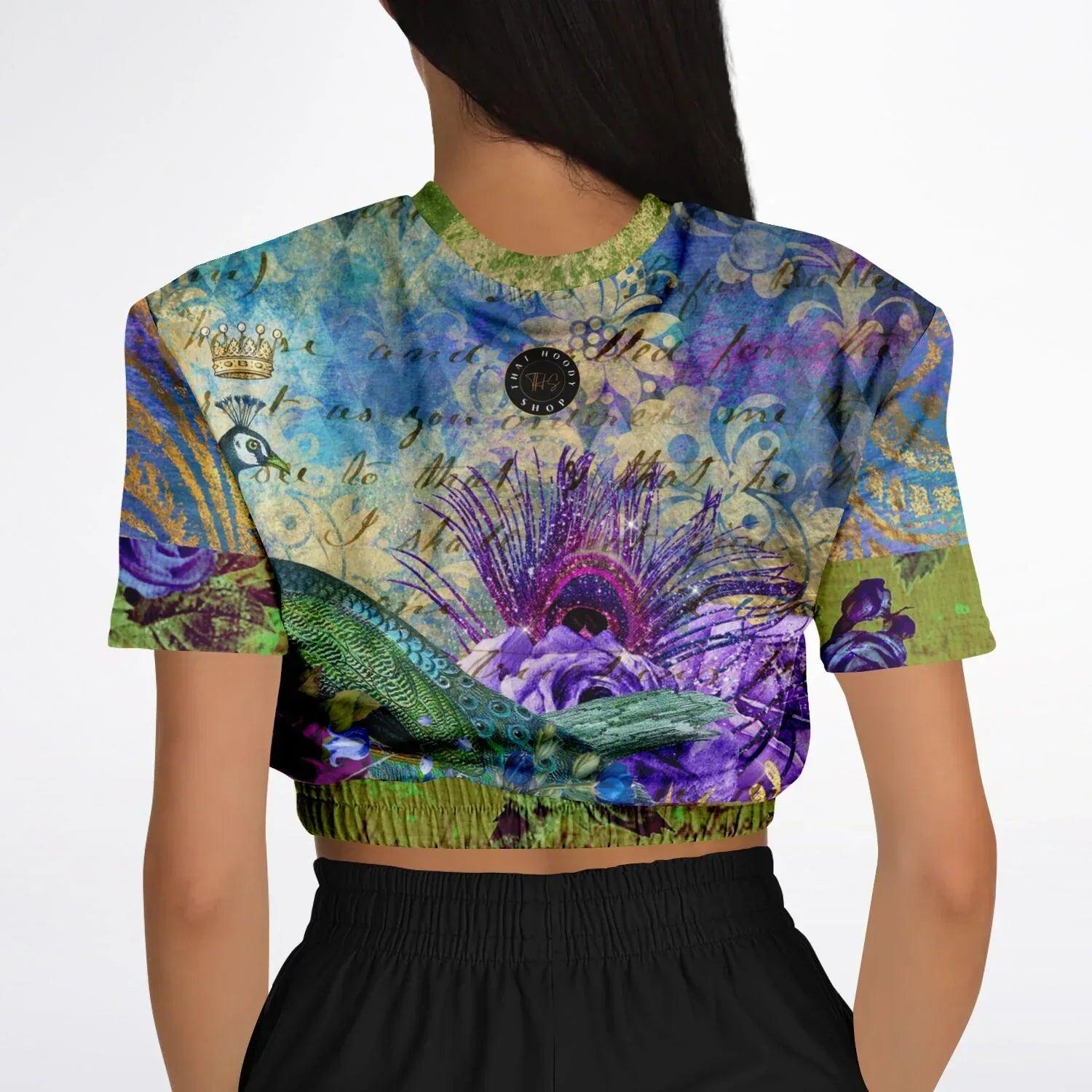 Purple Fusion Peacock in Bloom Eco-Poly Short Sleeve Cropped Pullover