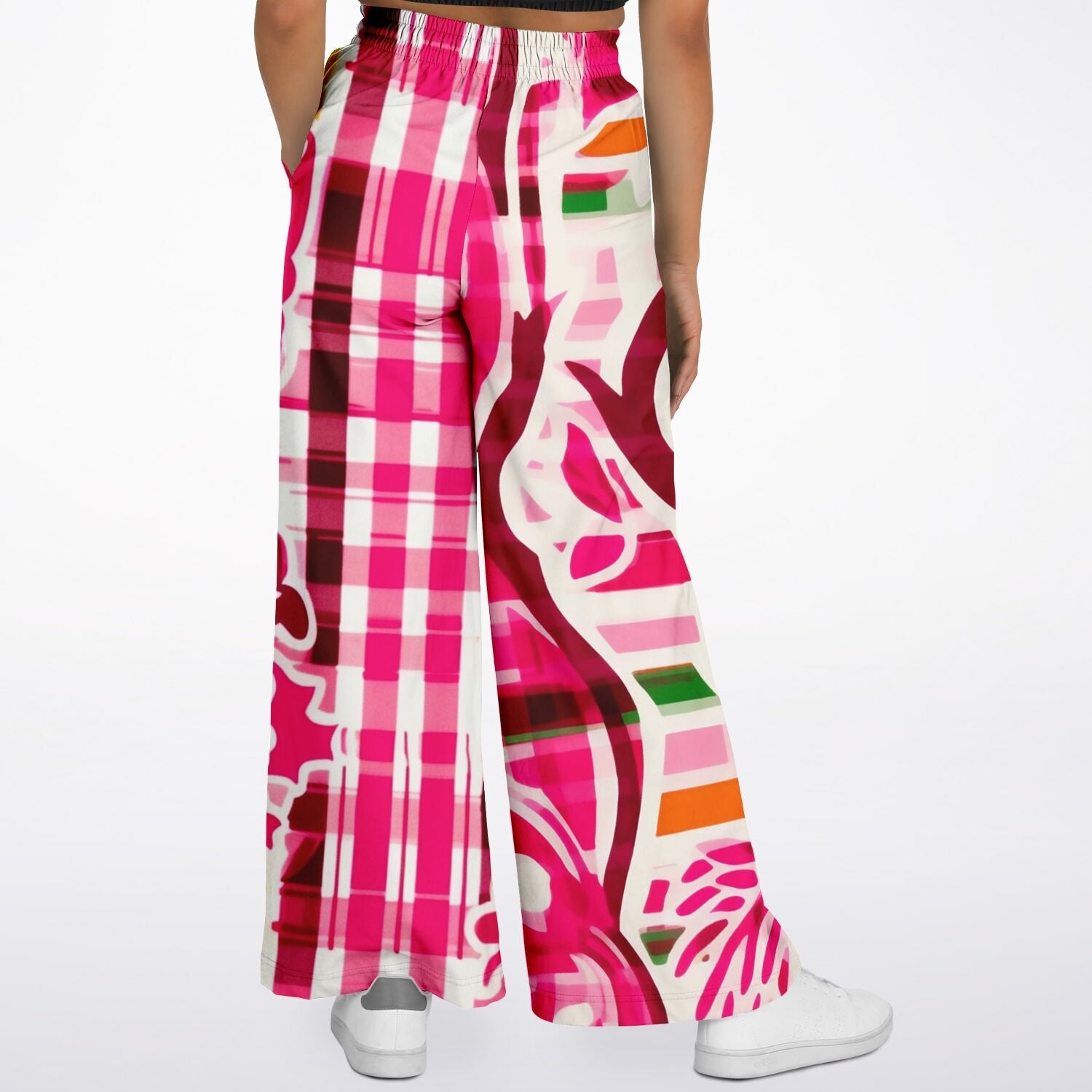 Cabbage Rose Pink Floral Plaid Eco-Poly Wide Leg Pants