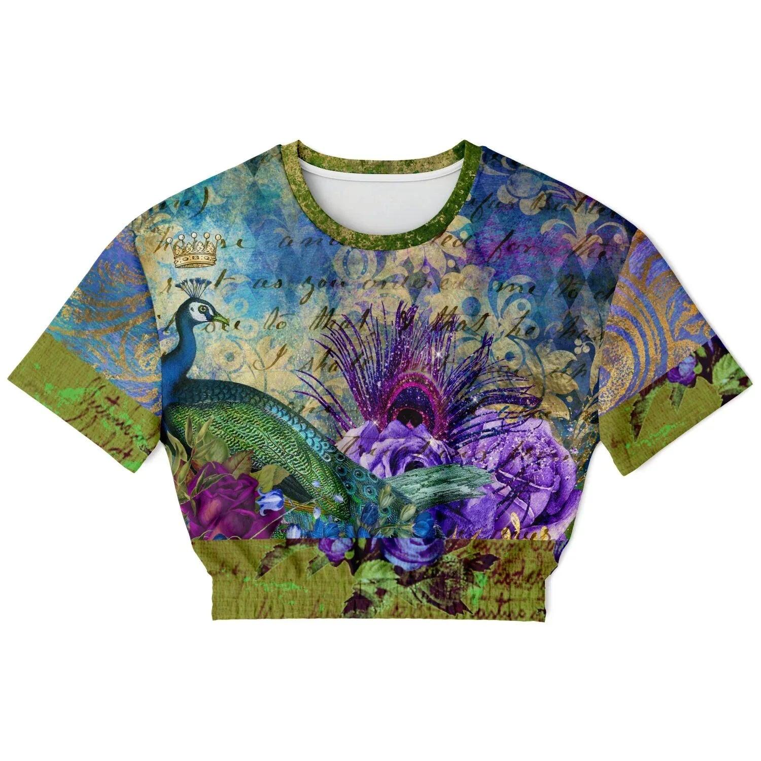 Purple Fusion Peacock in Bloom Eco-Poly Short Sleeve Cropped Pullover