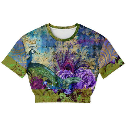 Purple Fusion Peacock in Bloom Eco-Poly Short Sleeve Cropped Pullover