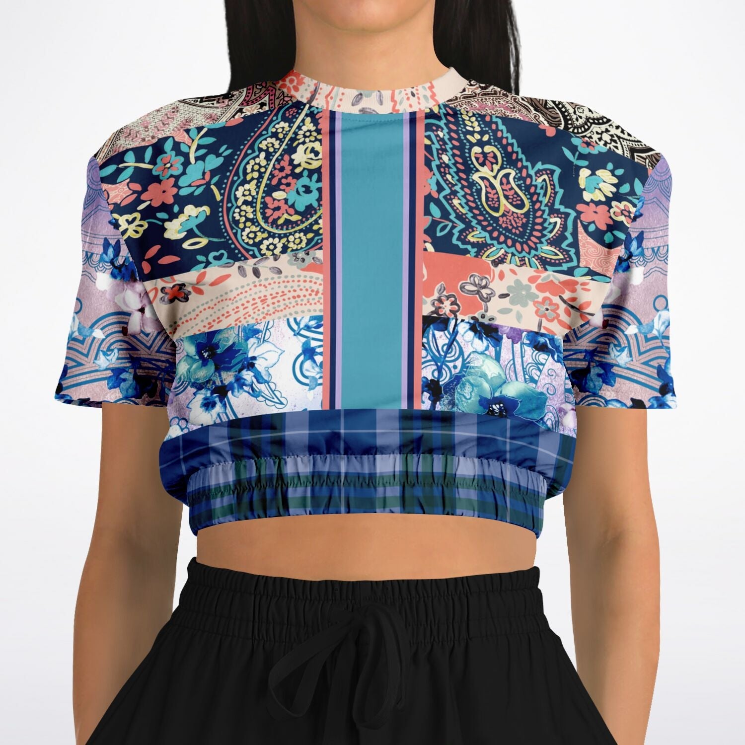 Dolores Park Paisley Plaid Eco-Poly Short Sleeve Cropped Pullover