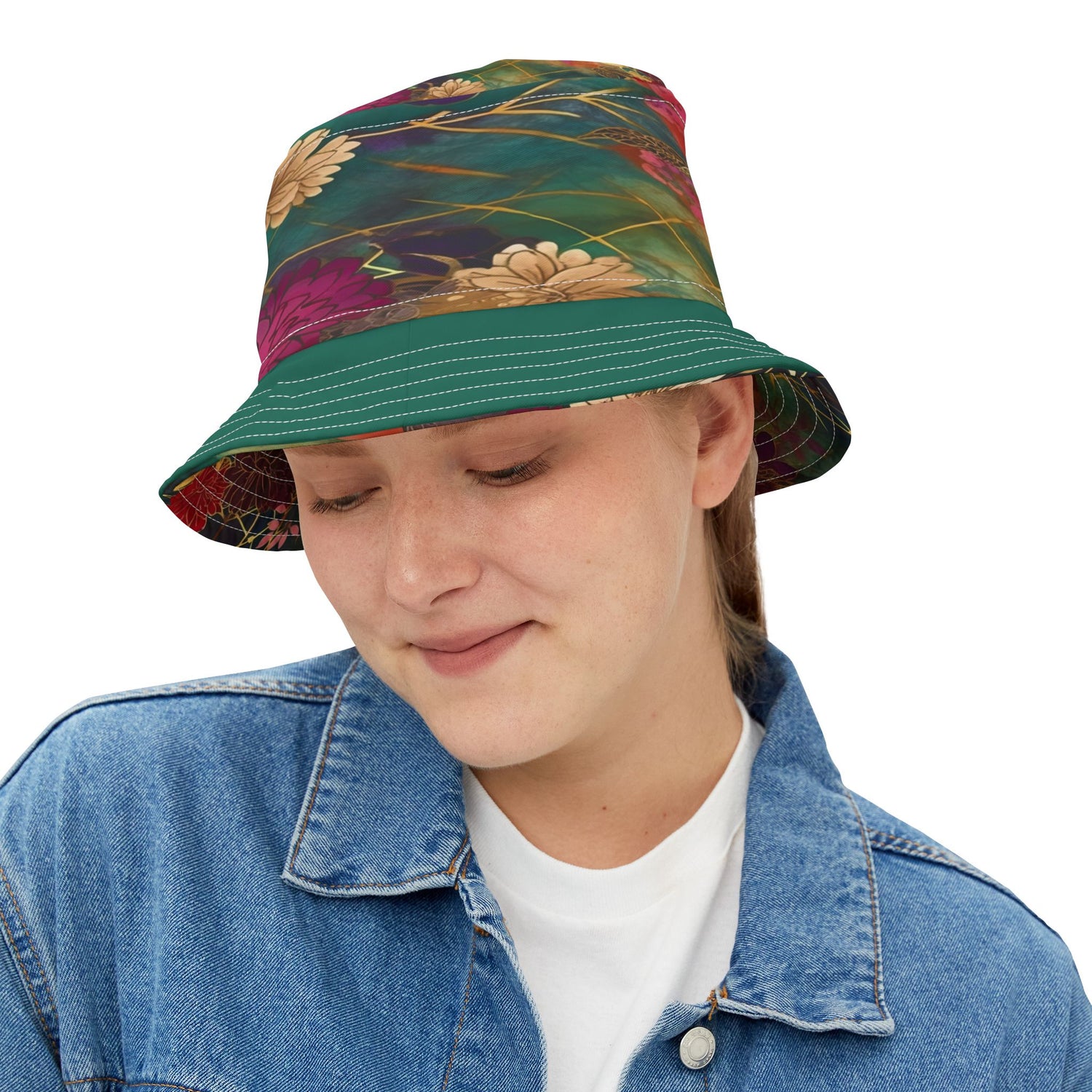 Chiyogami Green Mountain Asian Floral Vibrant Bucket Hat