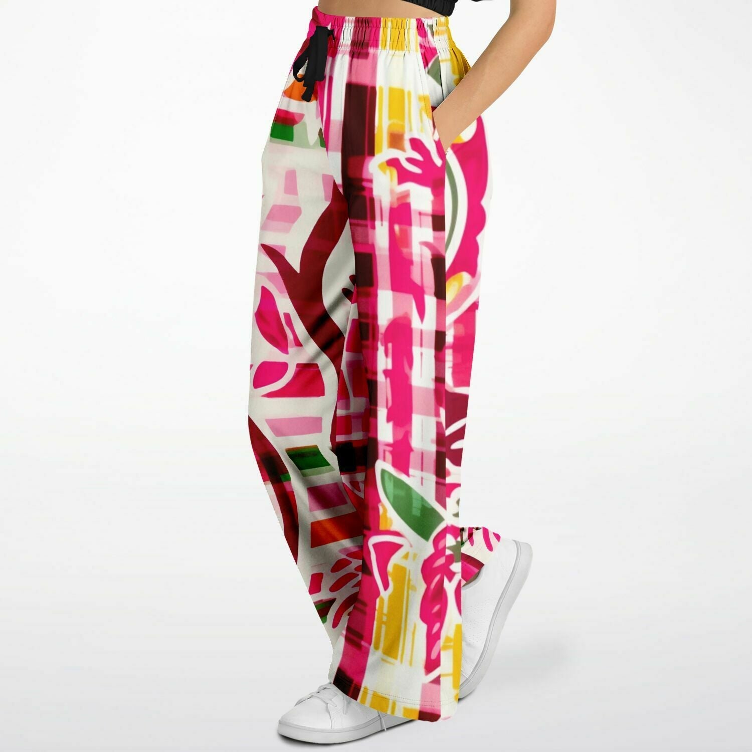 Cabbage Rose Pink Floral Plaid Eco-Poly Wide Leg Pants