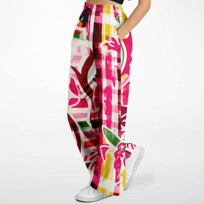 Cabbage Rose Pink Floral Plaid Eco-Poly Wide Leg Pants