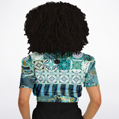 Green Meknes Mosaic Tile Eco-Poly Short Sleeve Cropped Pullover