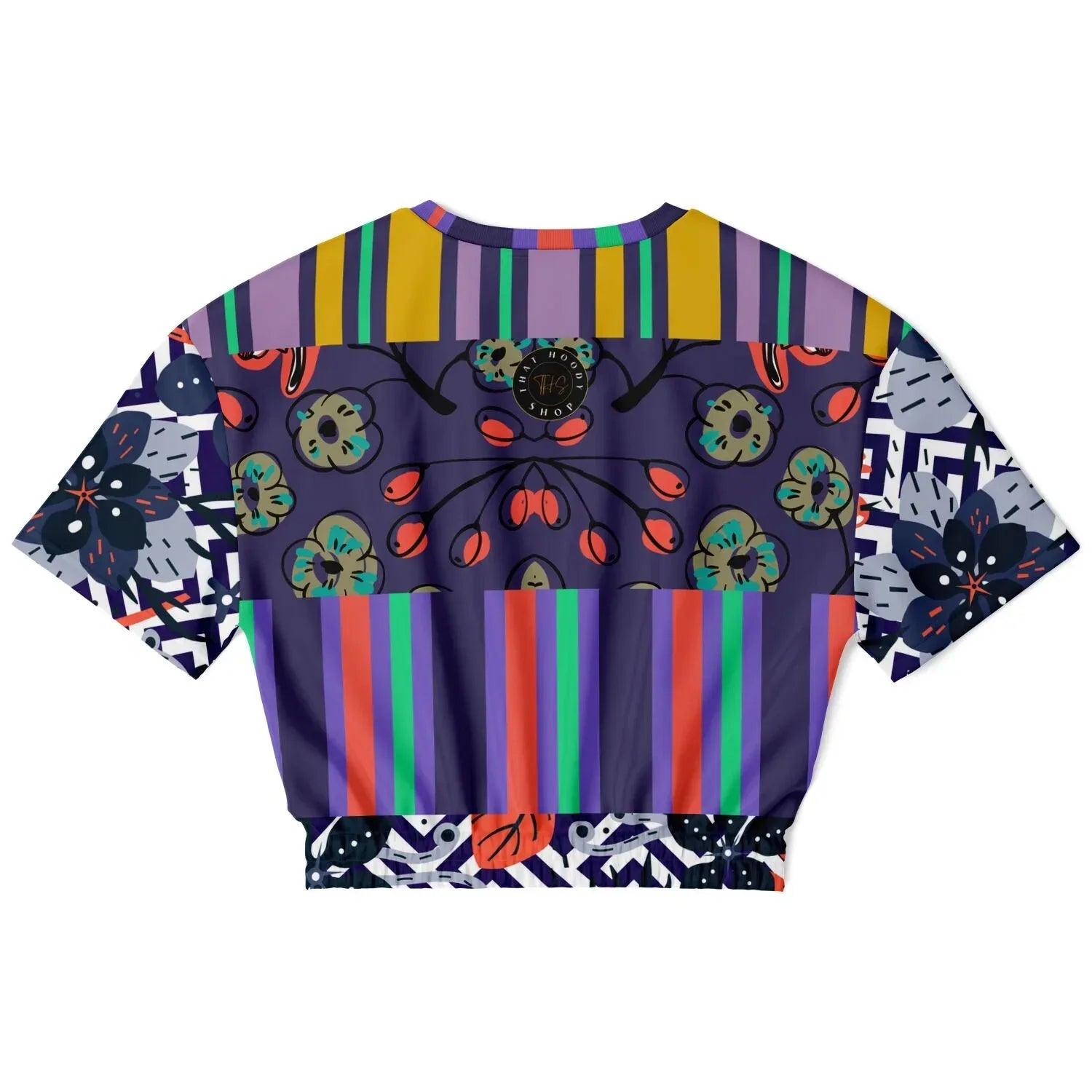 Purple Flurry Floral Stripe Eco-Poly Short Sleeve Cropped Pullover