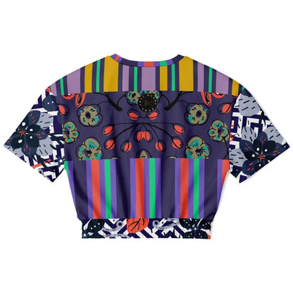 Purple Flurry Floral Stripe Eco-Poly Short Sleeve Cropped Pullover