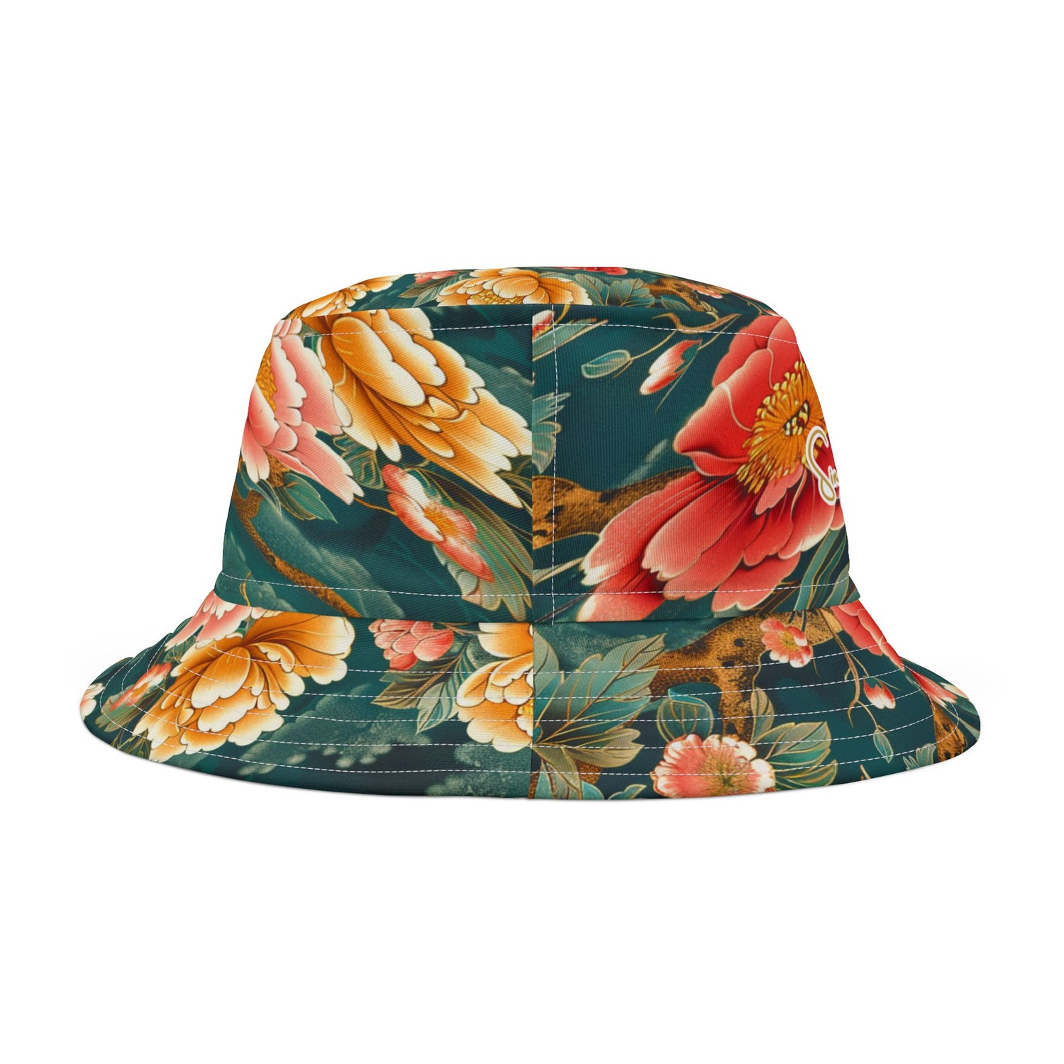 Back view of a Japanese floral bucket hat with orange, red and yellow flowers on a white background
