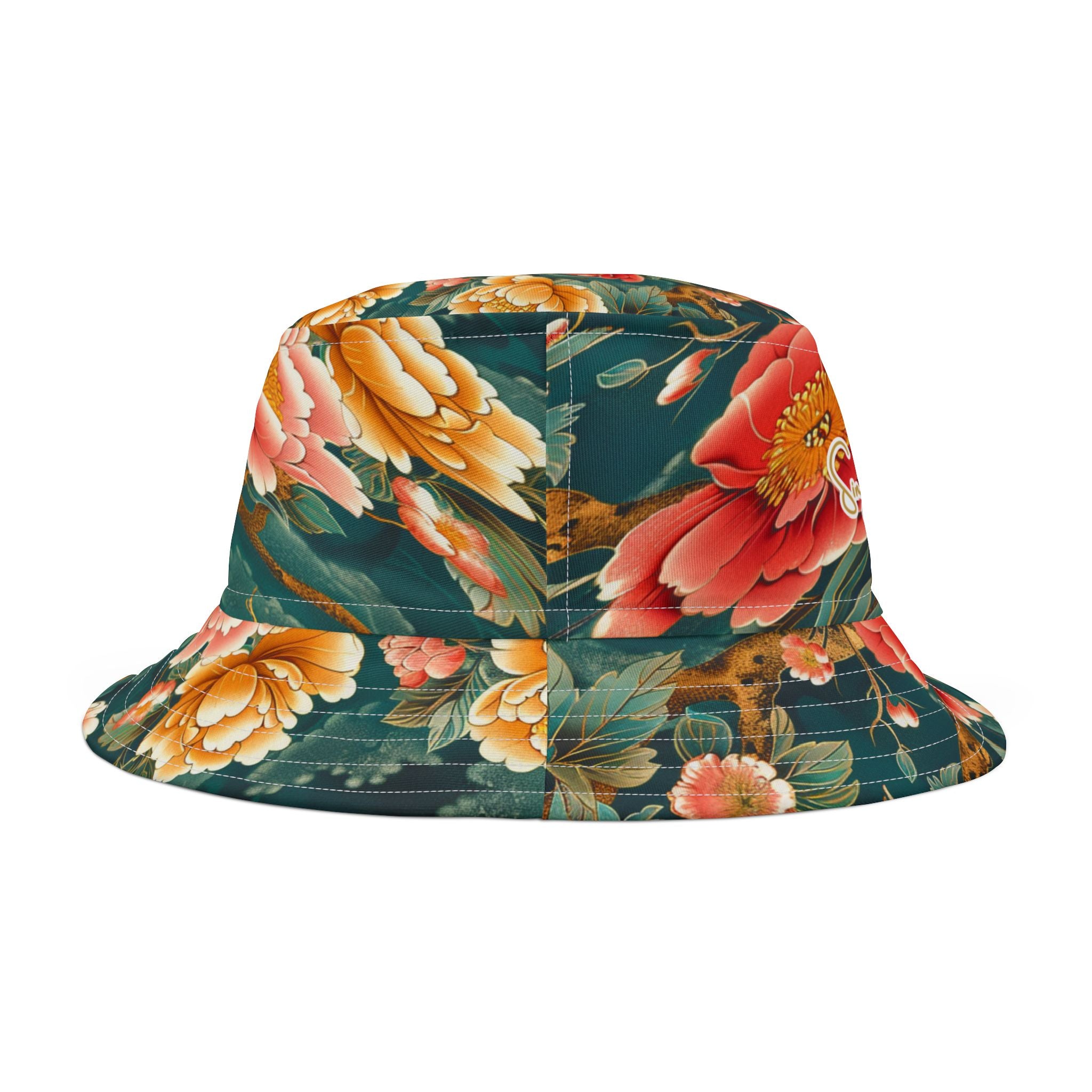 Back view of a Japanese floral bucket hat with orange, red and yellow flowers on a white background