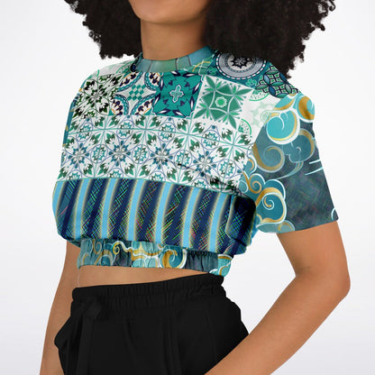 Green Meknes Mosaic Tile Eco-Poly Short Sleeve Cropped Pullover