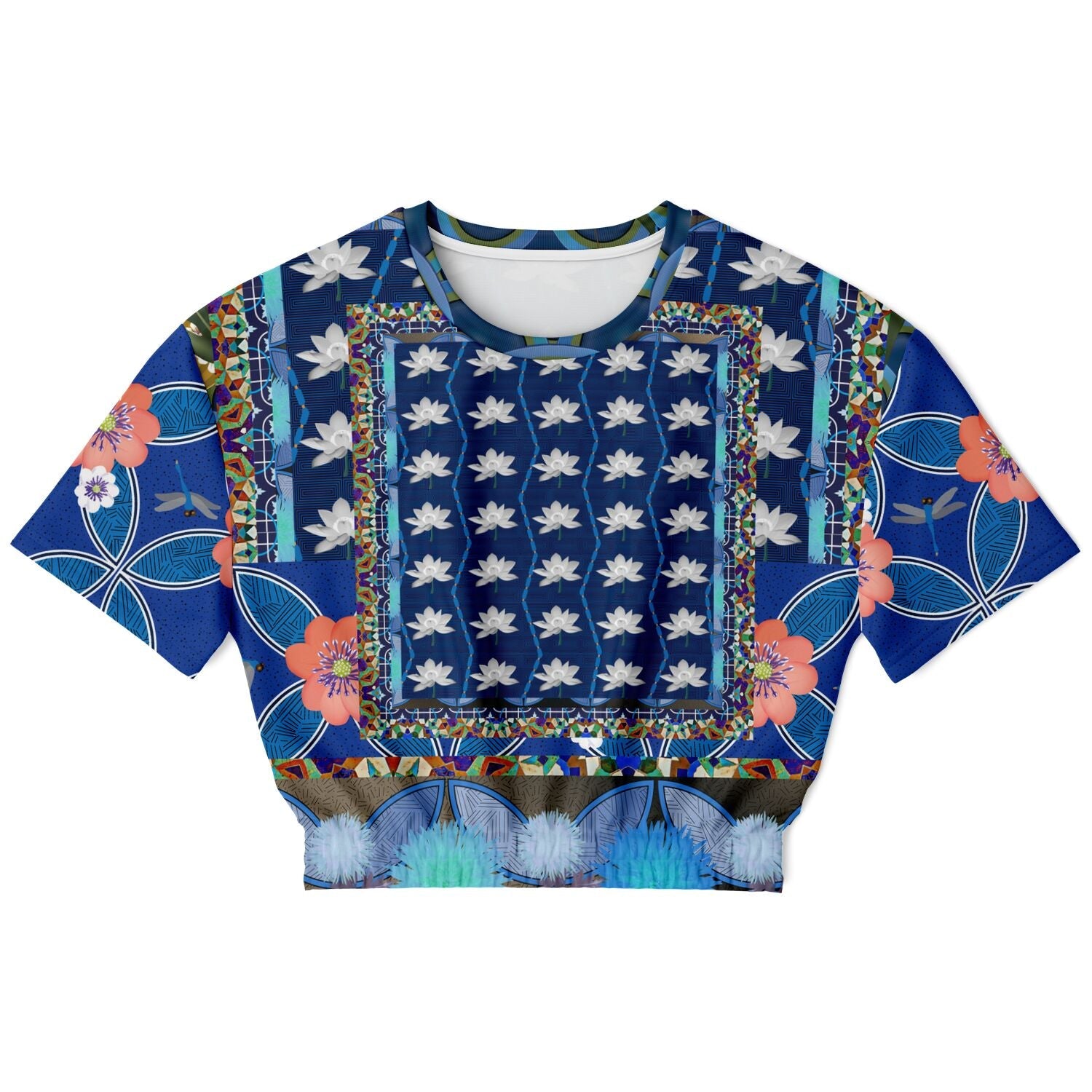 Dahlia Lama Lotus Flower Print Eco-Poly Short Sleeve Cropped Pullover