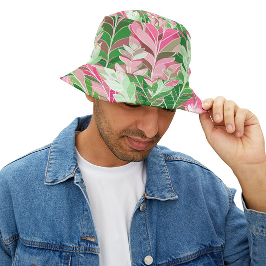 Leaves in Pink and Green Abstract Vibrant Bucket Hat