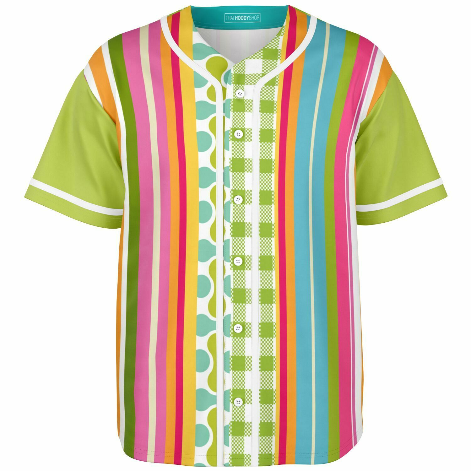 Green Anjou Pear Striped Patchwork Short Sleeve Eco-Poly Baseball Jersey