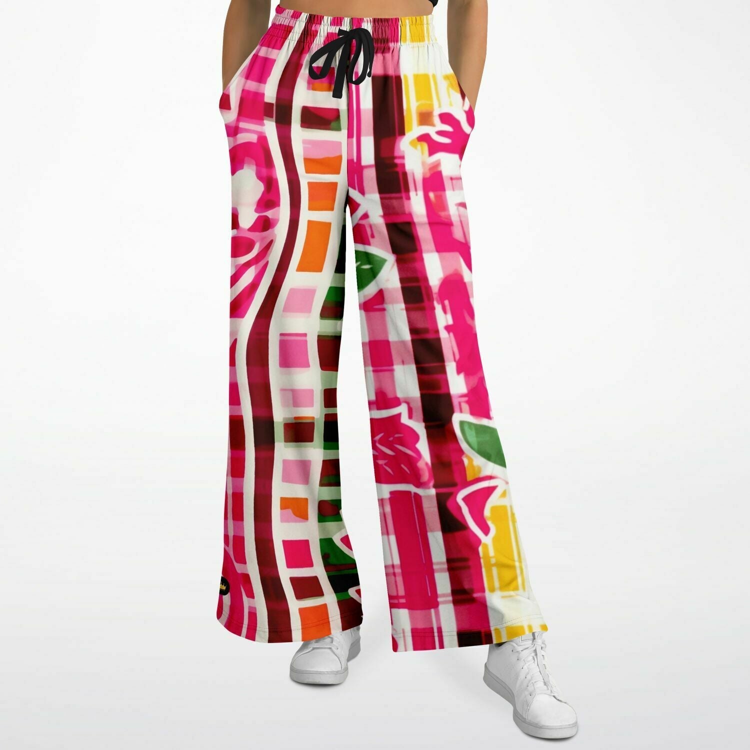 Cabbage Rose Pink Floral Plaid Eco-Poly Wide Leg Pants