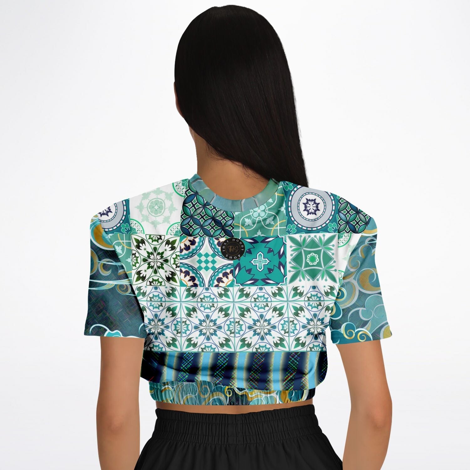 Green Meknes Mosaic Tile Eco-Poly Short Sleeve Cropped Pullover