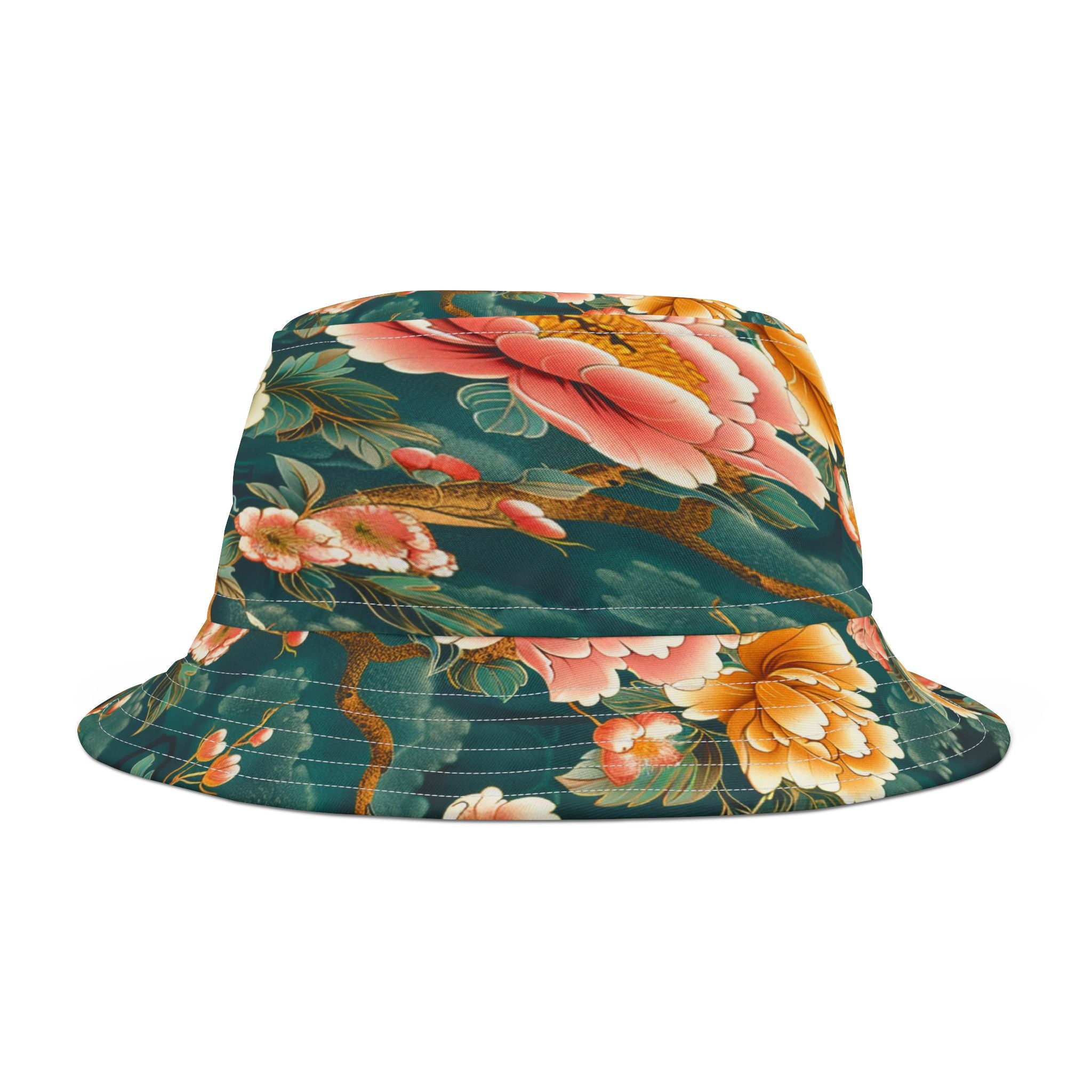 Japanese Garden in Green Vibrant Floral Print Bucket Hat
