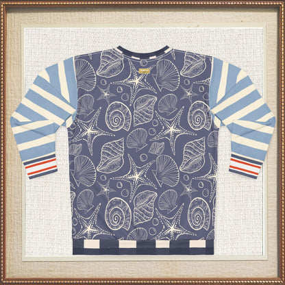Sail Away Seashell Sketch Stripe Duo in Blue Unisex Sweatshirt (Gold Label)