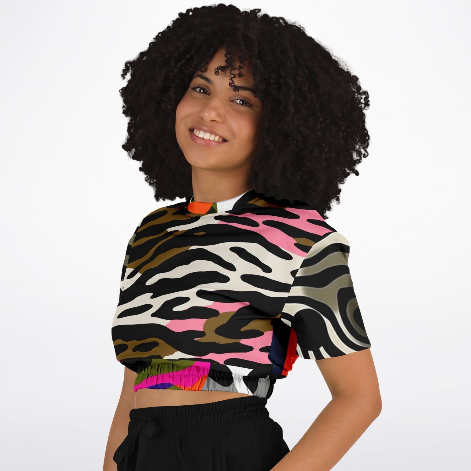 Wowzer Zowzer Animal Print Patchwork Eco-Poly Cropped Short Sleeve Pullover