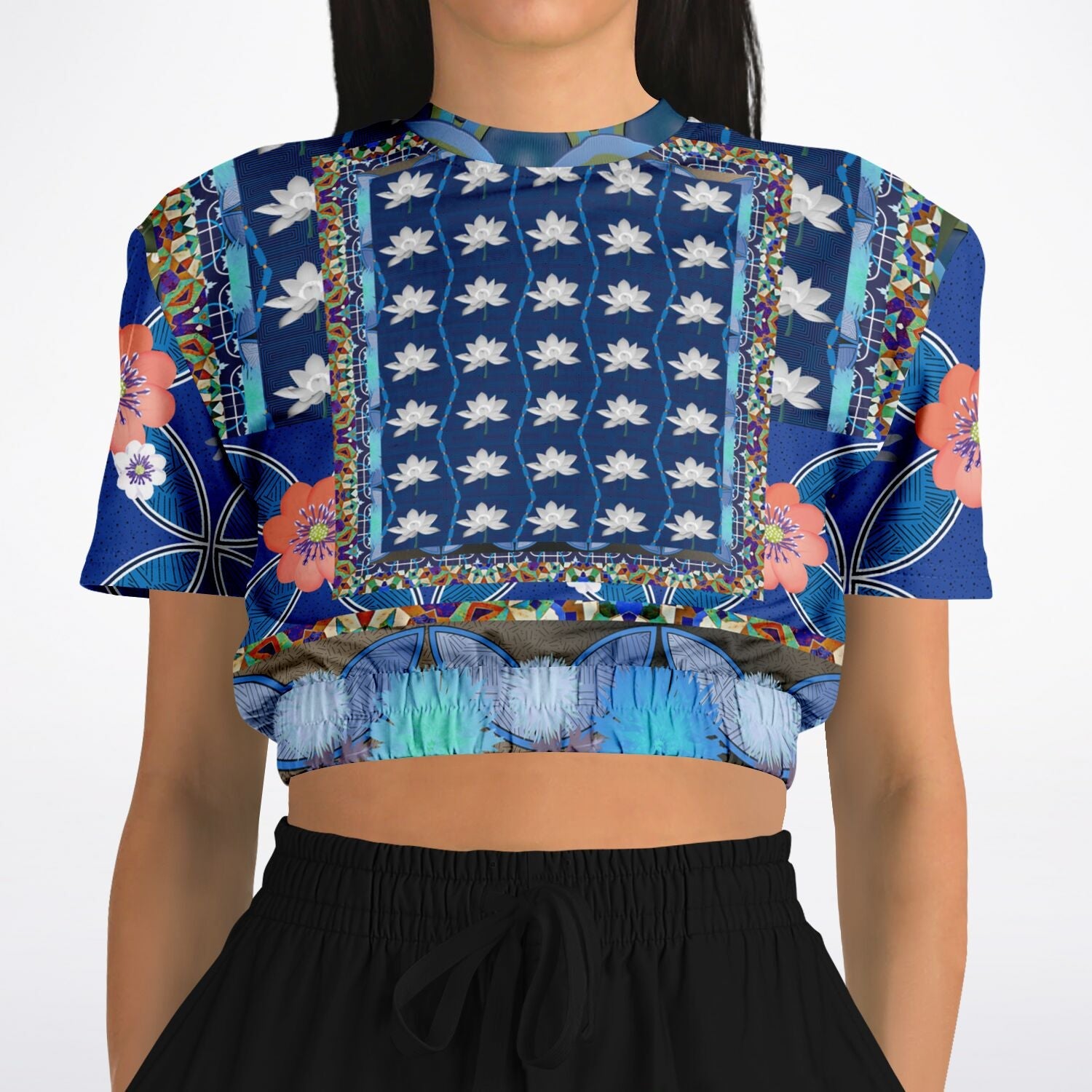 Dahlia Lama Lotus Flower Print Eco-Poly Short Sleeve Cropped Pullover