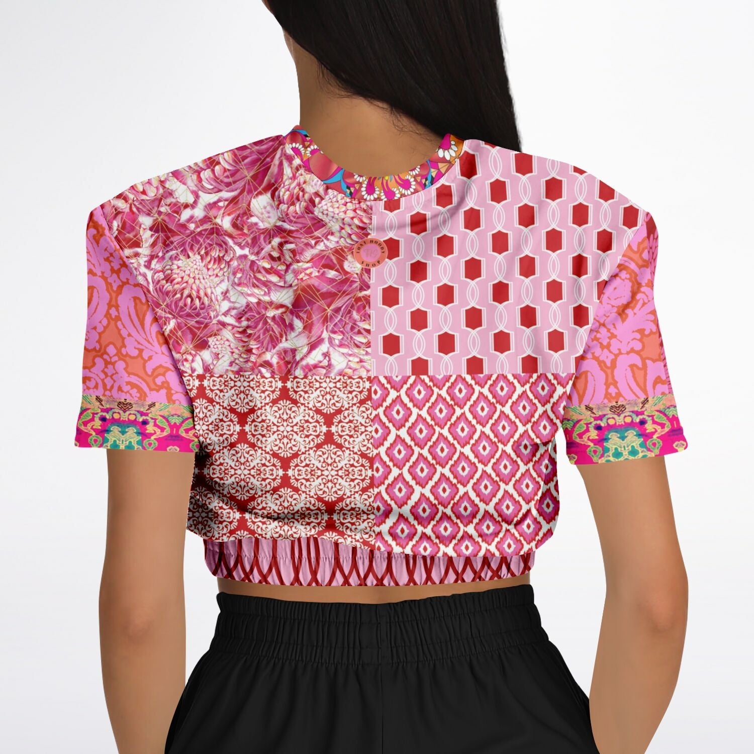Gypsy Beat Pink Patchwork Eco-Poly Short Sleeve Cropped Pullover