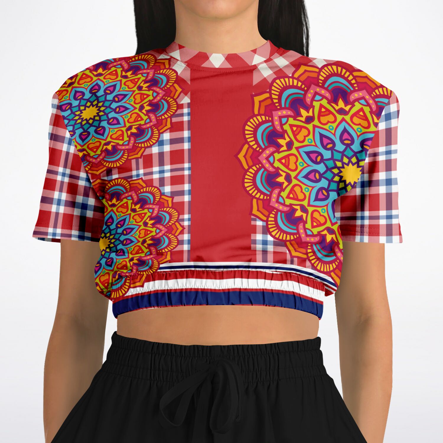 Hippy-Dippy Plaid Eco-Poly Cropped Short Sleeve Pullover