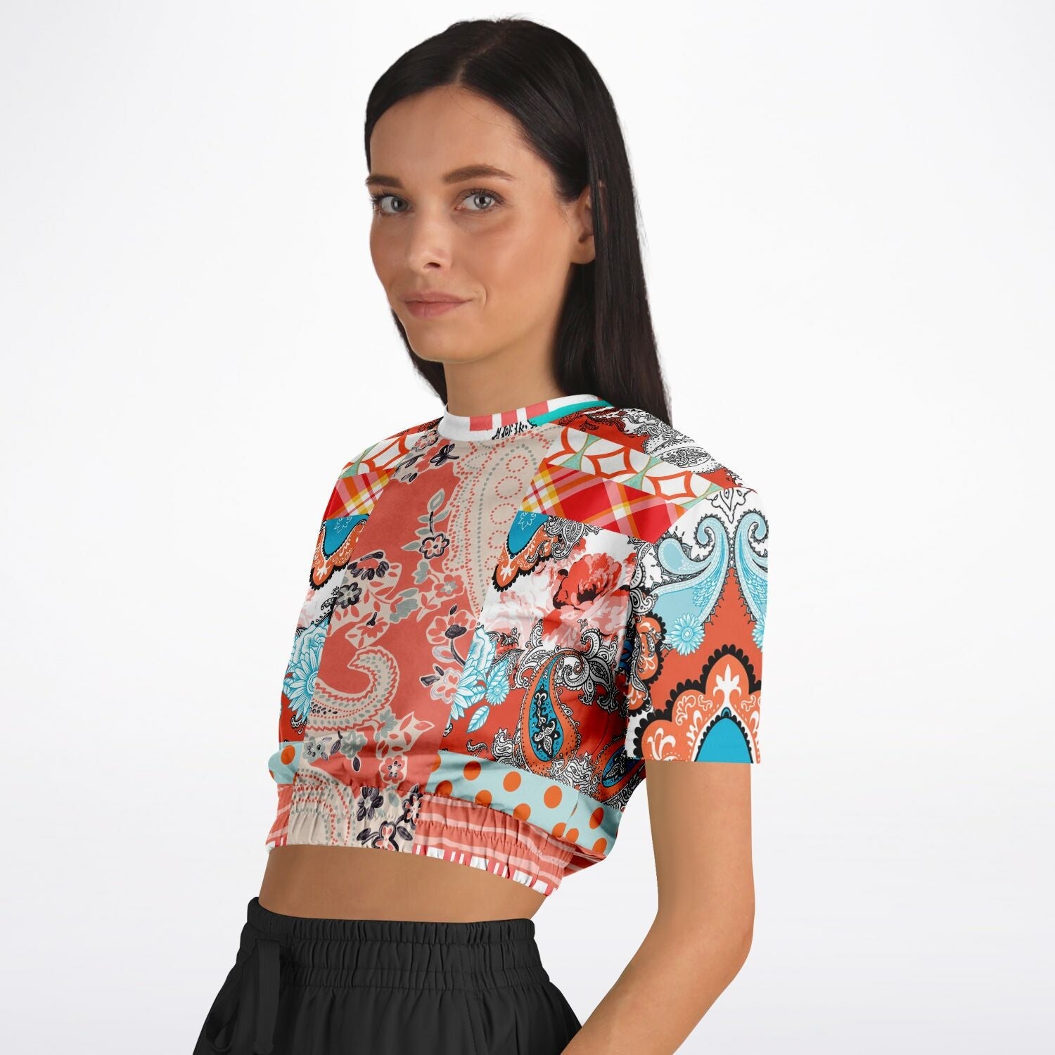 Coral Springs Hippie Patchwork Eco-Poly Short Sleeve Cropped Pullover
