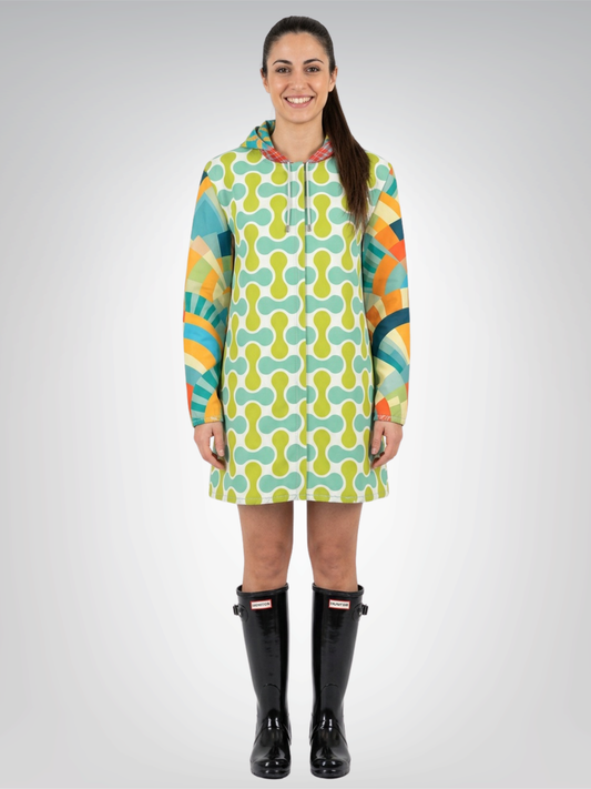 Aqua Clover Sunburst Plaid Womens Hooded Rain Jacket