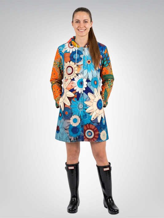Blue Daisy Floral Rhapsody Womens Hooded Rain Jacket