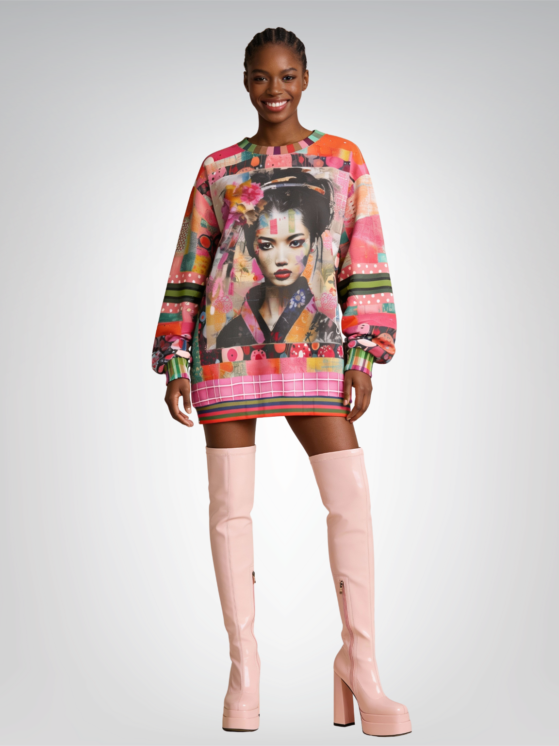 China Girl in Pink Mixed Media Patchwork Print Unisex Sweatshirt (Gold Label)