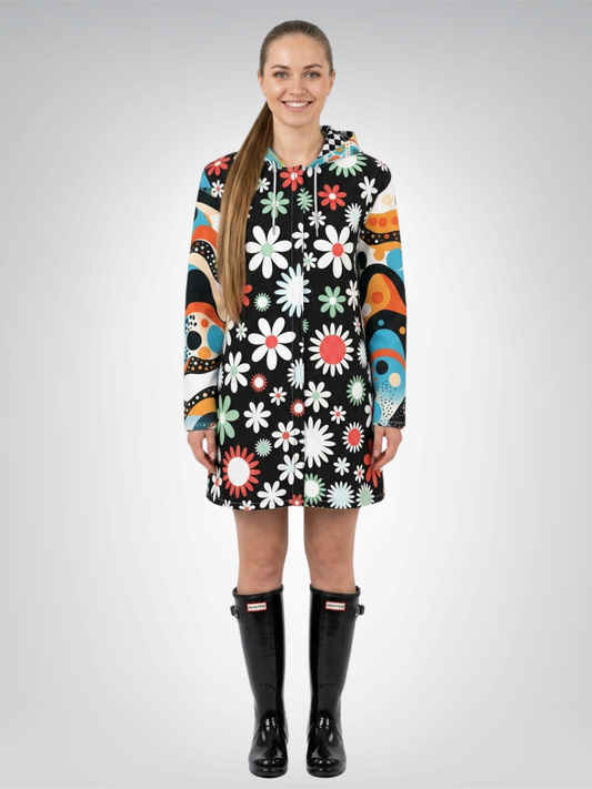 Daisy Check Pop Futuristic Floral Womens Hooded Rain Jacket