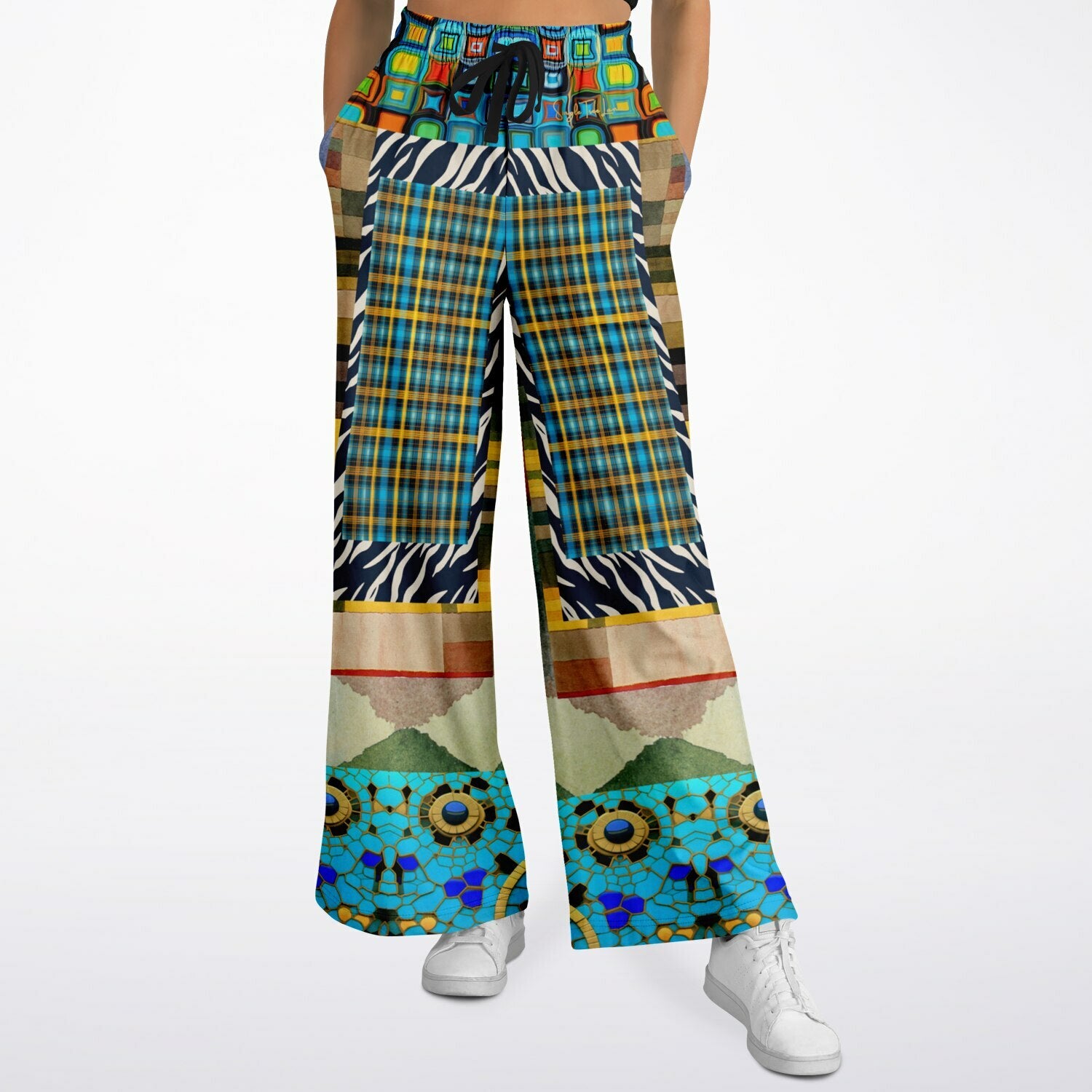 Forest Fowl in the Garden of Eden Abstract Geo Eco-Poly Wide Leg Pants