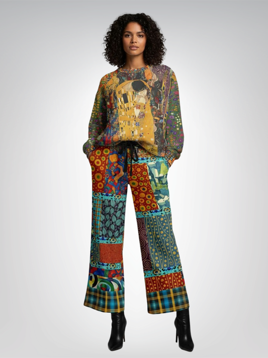 Give Me a Kiss Art Deco Patchwork Print Eco-Poly Wide Leg Pants