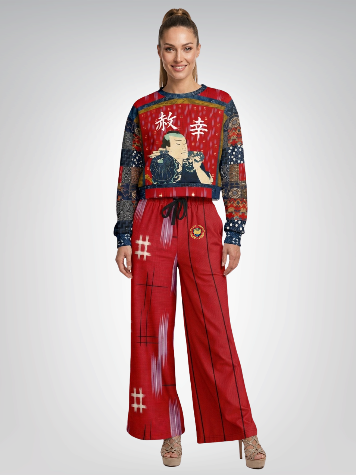 Painted Grid in Scarlet Pinstripe Eco-Poly Wide Leg Pants
