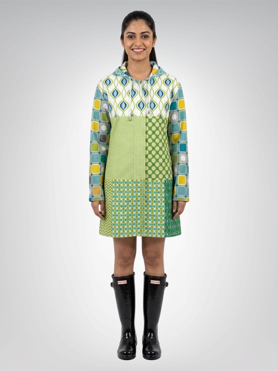 Lime Aqua Mod Mosaic Womens Hooded Rain Jacket