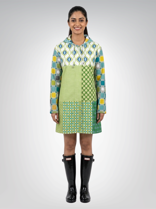 Lime Aqua Mod Mosaic Womens Hooded Rain Jacket