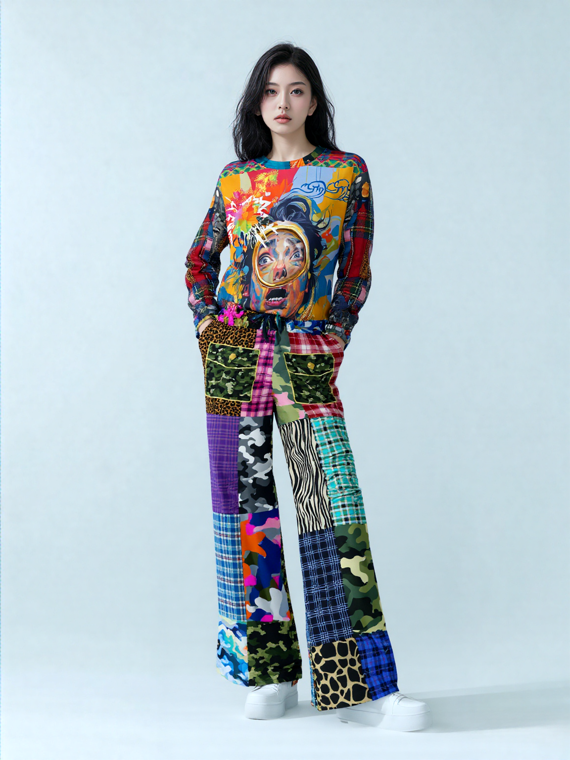 Hodgepodge Camo Plaid Animal Print Eco-Poly Wide Leg Pants