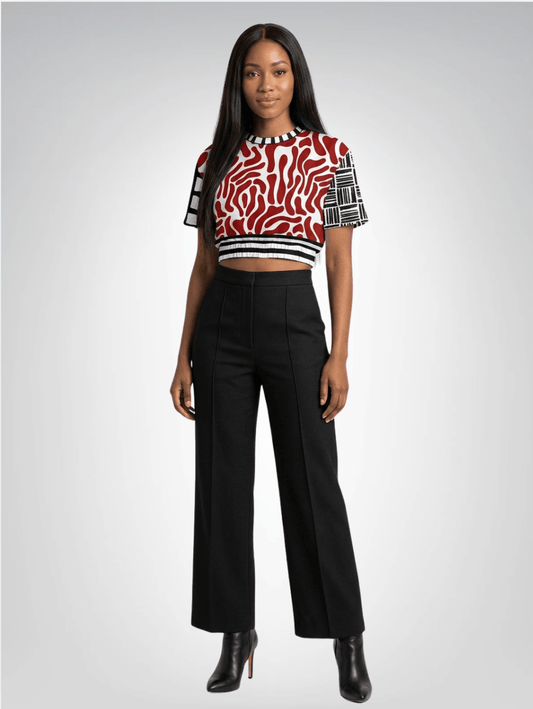 Red White Abstract Zebra in Hopscotch Eco-Poly Short Sleeve Cropped Pullover