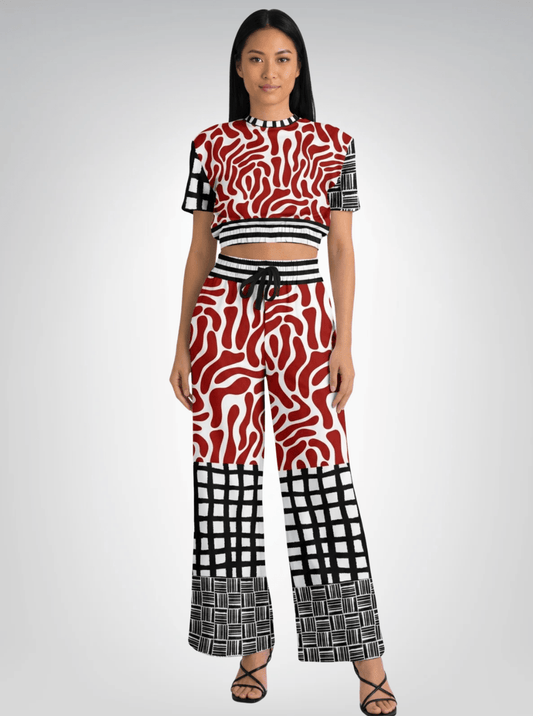 Red White Abstract Zebra in Hopscotch Eco-Poly Wide Leg Pants