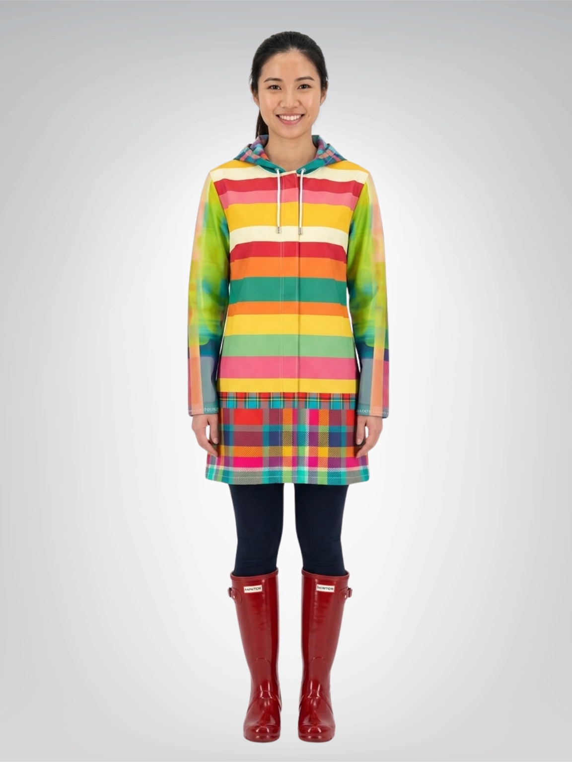 Rainbow Cabana Plaid and Rugby Stripe Womens Hooded Rain Jacket