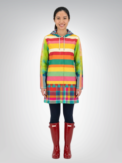 Rainbow Cabana Plaid and Rugby Stripe Womens Hooded Rain Jacket