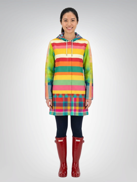 Rainbow Cabana Plaid and Rugby Stripe Womens Hooded Rain Jacket