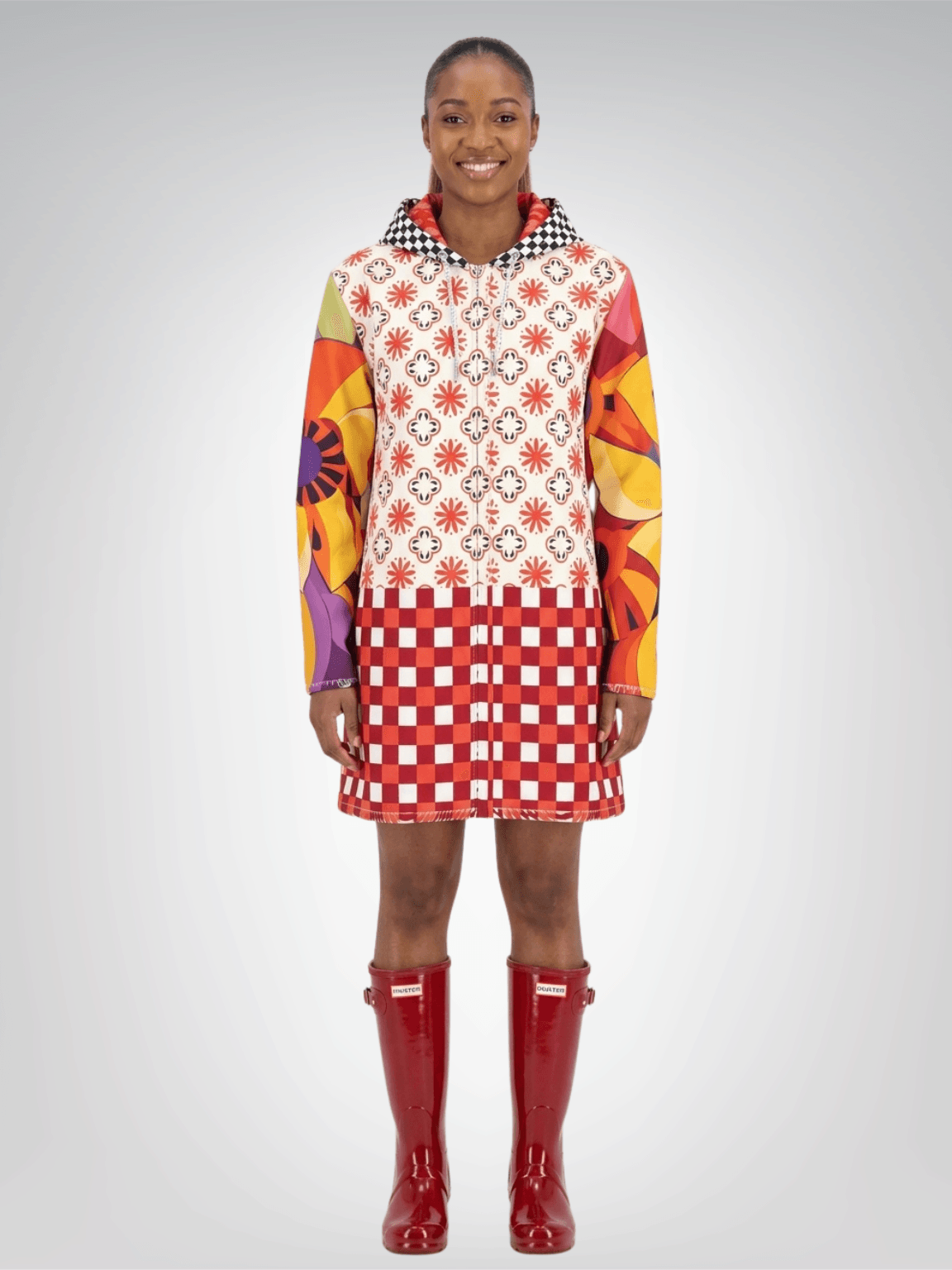 Red Gingham Flower Market Womens Hooded Rain Jacket