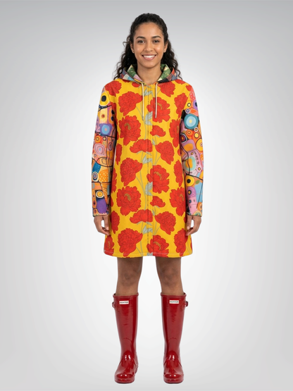 Red &amp; Golden Poppy Graffiti Patchwork Womens Hooded Rain Jacket