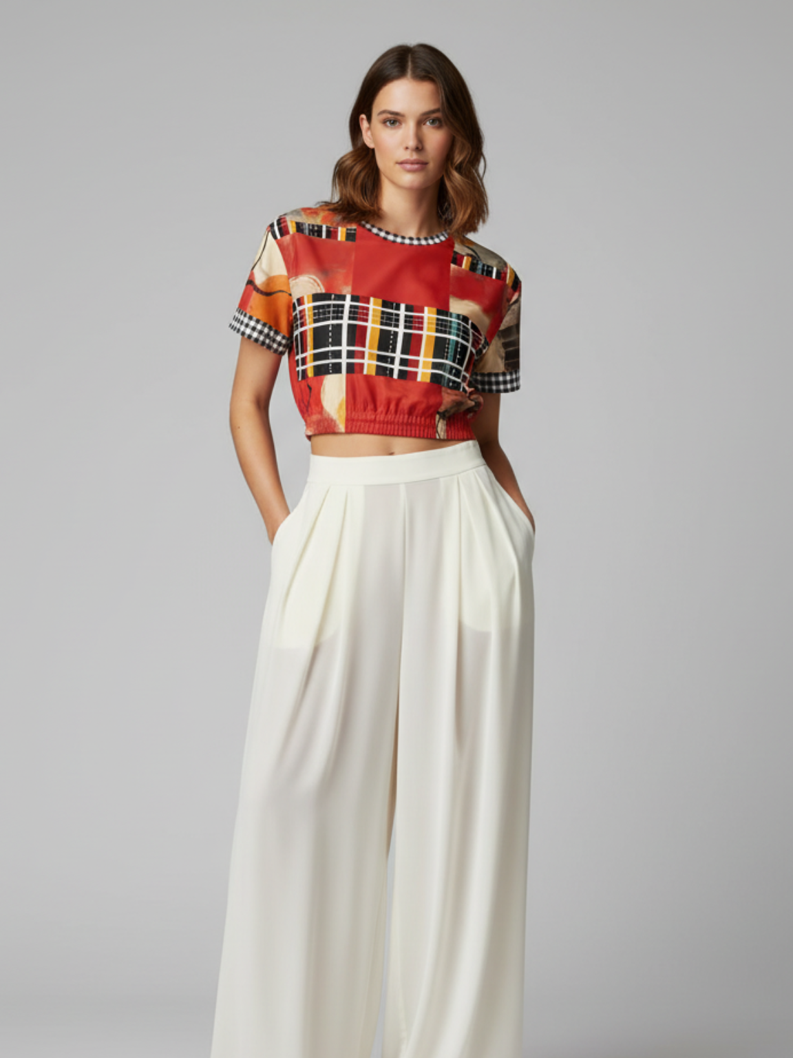 Springtime in Asia in Floral Stripes Eco-Poly Short Sleeve Cropped Pullover